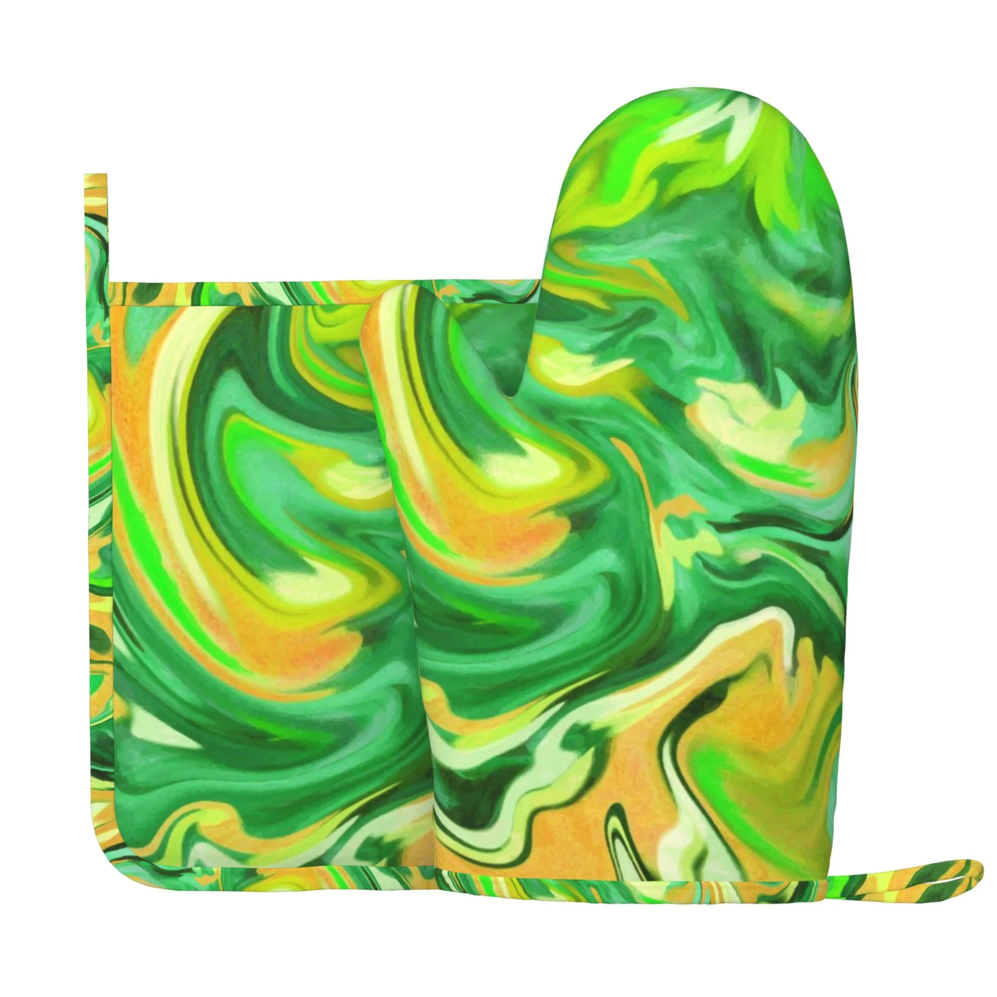 XMXY Oven Mitts and Pot Holders 2 Pcs Sets, Acid Green Marble Texture Heat Resistant Silicone Cooking Gloves for Grill Baking BBQ Kitchen Decor