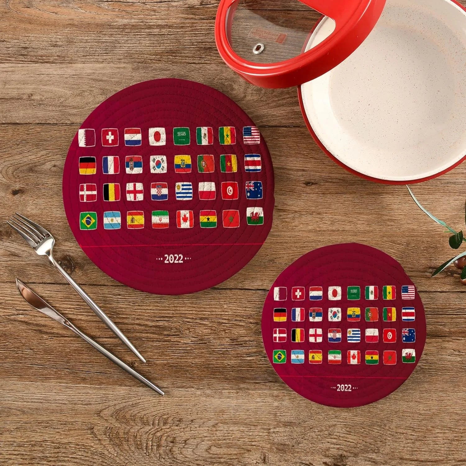 Wellsay All Flags 2022 Soccer Championship Pot Holders Trivets 2 Pcs Heat Resistant Trivets for Hot Dishes, Cotton Thread Weave Trivet Mats for Hot Pads Pans Pot Bowl Teapot for Kitchen Decor