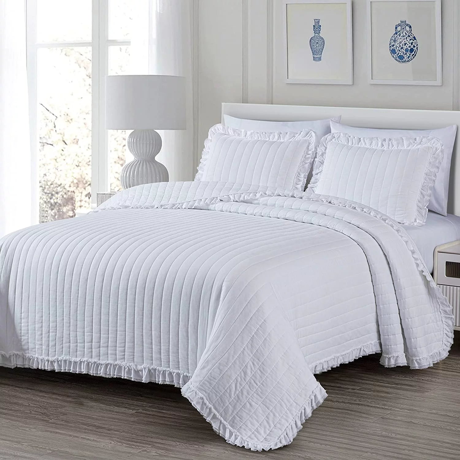 Chezmoi Collection Bonnie 3-Piece 100% Cotton Quilt Set Queen Size, White - Double Frayed Ruffled Edge Lightweight Pre-Washed Soft-Finished Cotton Bedspread for All Season