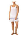 MIKEN Women's White Pull Over Pom Pom Trim Adjustable Ruffled Scoop Neck Swimsuit Cover Up XL