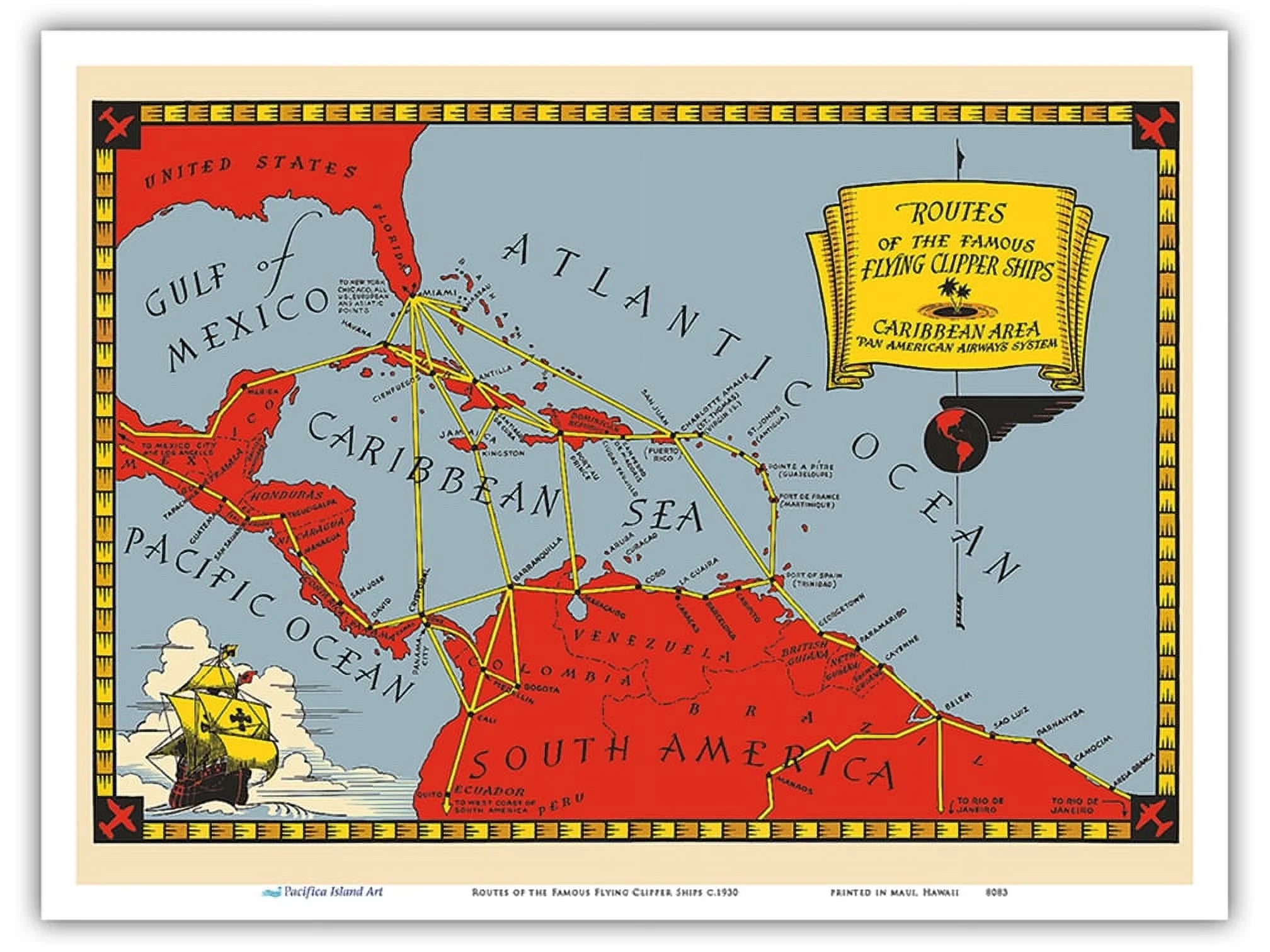 Routes of the Famous Flying Clipper Ships - Caribbean Area - Vintage Airline Travel Poster c.1930 - Master Art Print (Unframed) 9in x 12in