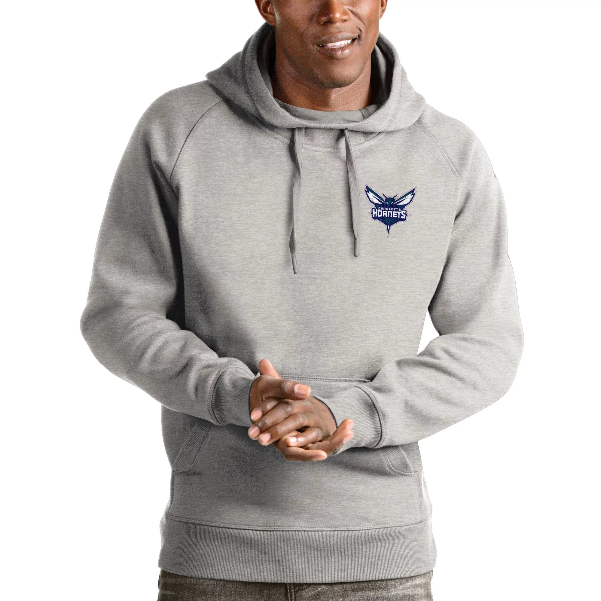 Men's Antigua Heathered Gray Charlotte Hornets Victory Pullover Hoodie