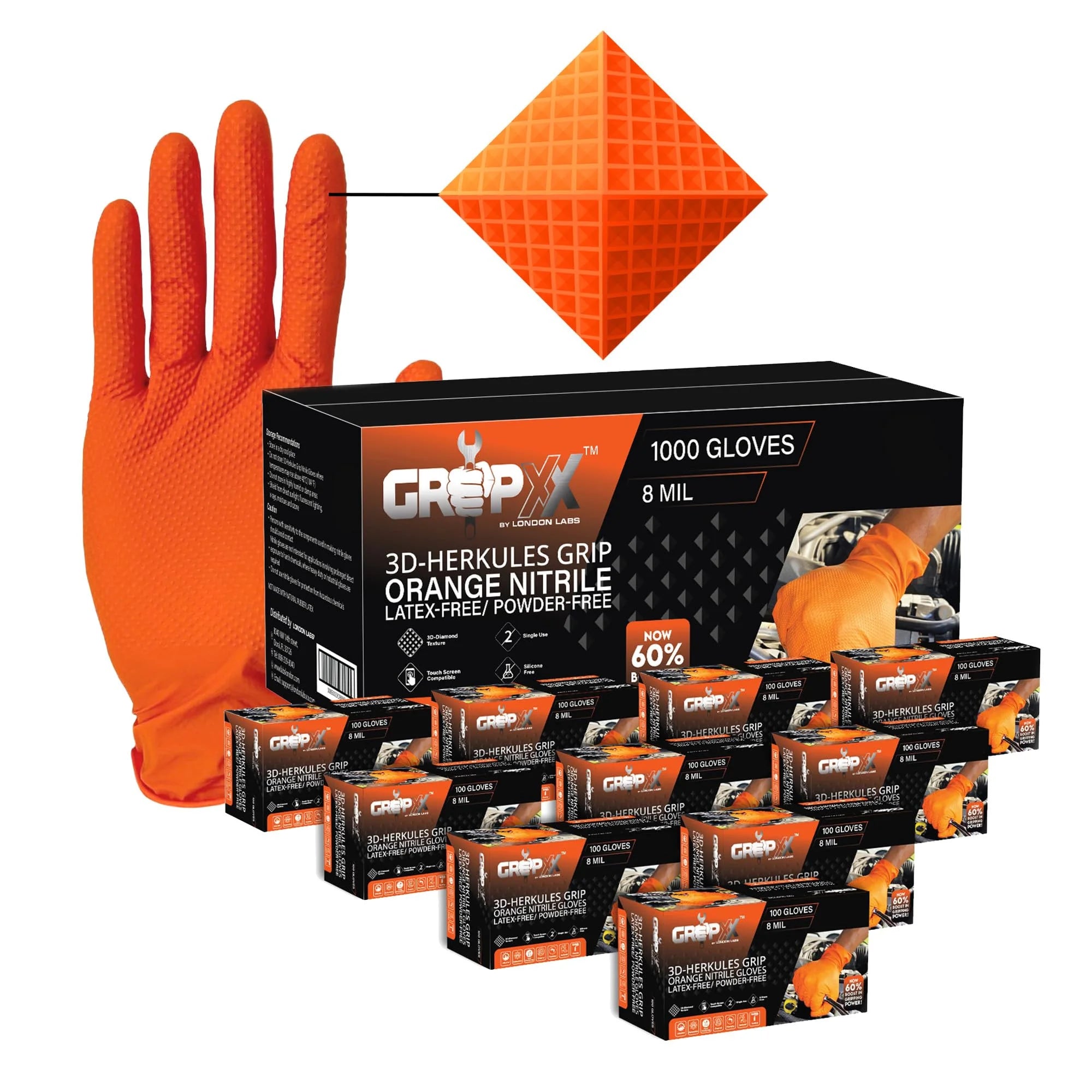 GRIPXX 8 Mil Orange Nitrile Gloves - Heavy Duty, 3D Raised Diamond Texture Grip - Latex-Free & Powder-Free - Industrial, Mechanic, Food Service - Disposable Gloves for Tough Tasks (Medium, Orange)