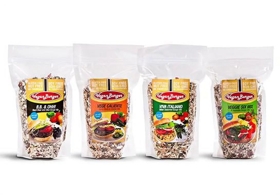 Vegan Burger Pack of 4 (36 Servings Total): Vege Caliente, Veggie Six Mix, B.B. & Ohh!, Viva Italiano