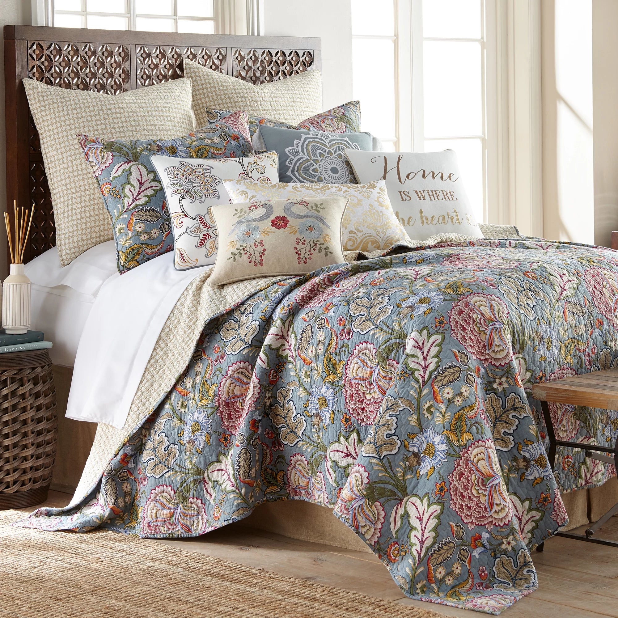 Levtex Home - Angelica Quilt Set - King Quilt + Two King Pillow Shams - Floral - Aqua Taupe Green Blue Orange Pink Grey - Quilt (106x92in.) and Pillow Shams (36x20in. ) - Reversible - Cotton