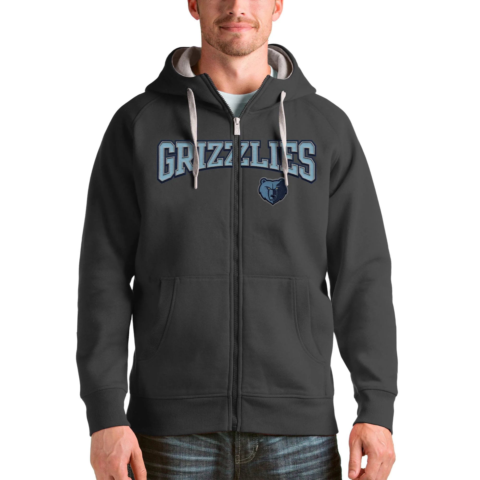 Men's Antigua Charcoal Memphis Grizzlies Victory Full-Zip Hoodie