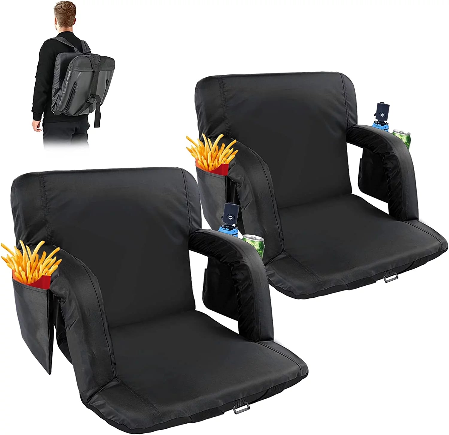 Lilypelle Stadium Seats for Bleachers with Back Support, 6 Reclining Positions Bleacher Seats with Cushion 20.5in Wide,2 Pack Bleacher Chairs ,Black