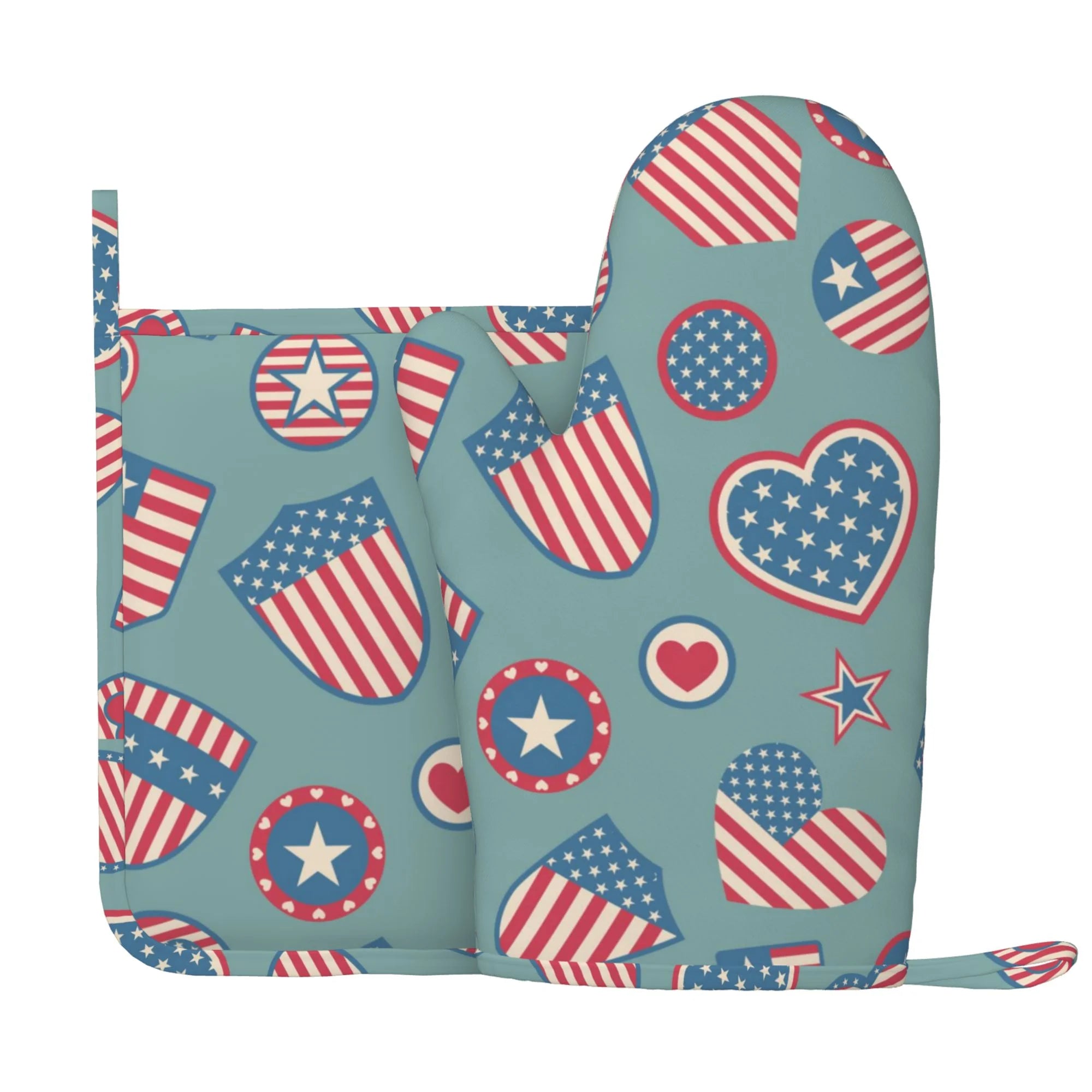 XMXY Oven Mitts and Pot Holders 2 Pcs Sets, Blue Stripes Shield Badge Heat Resistant Silicone Cooking Gloves for Grill Baking BBQ Kitchen Decor