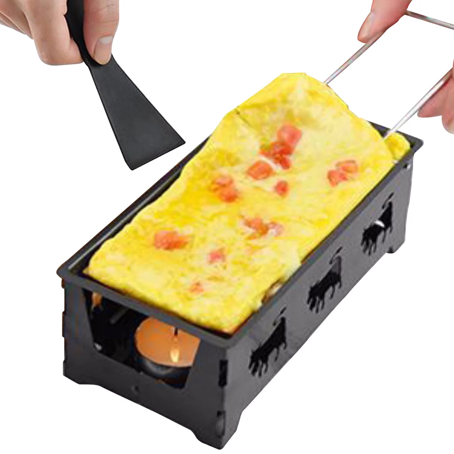 Non-Stick Raclette Grill Set - Cheese Melter Pan with Spatula, Foldable Wooden Handle, Carbon Steel Kitchen Gadgets for Cheese Raclette