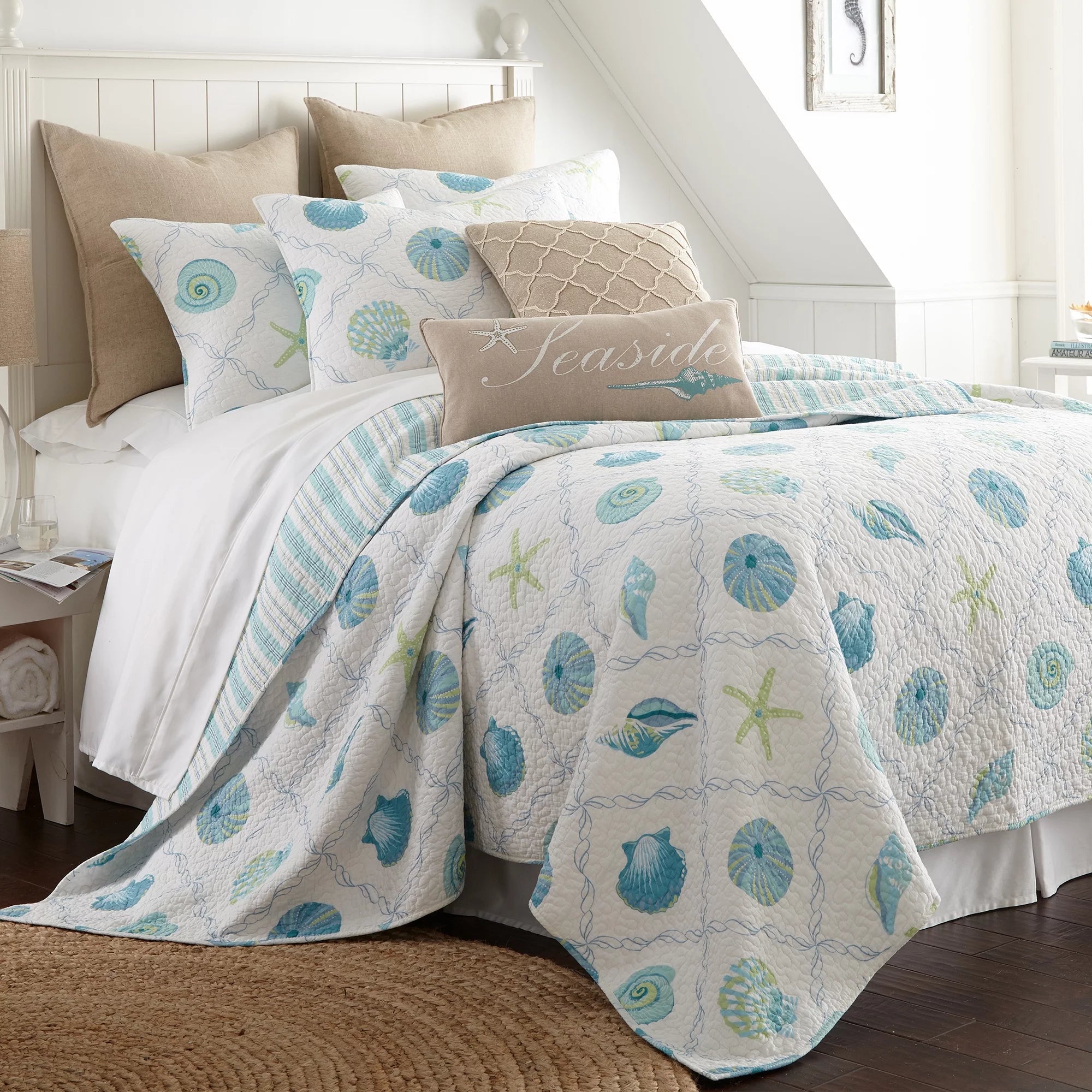 Levtex Home - Marine Dream Seaglass Quilt Set - Full/Queen Quilt (88x92in) + Two Standard Pillow Shams (20x26in) - Tropical Fish in Aqua Green Coral - Reversible - Cotton Fabric