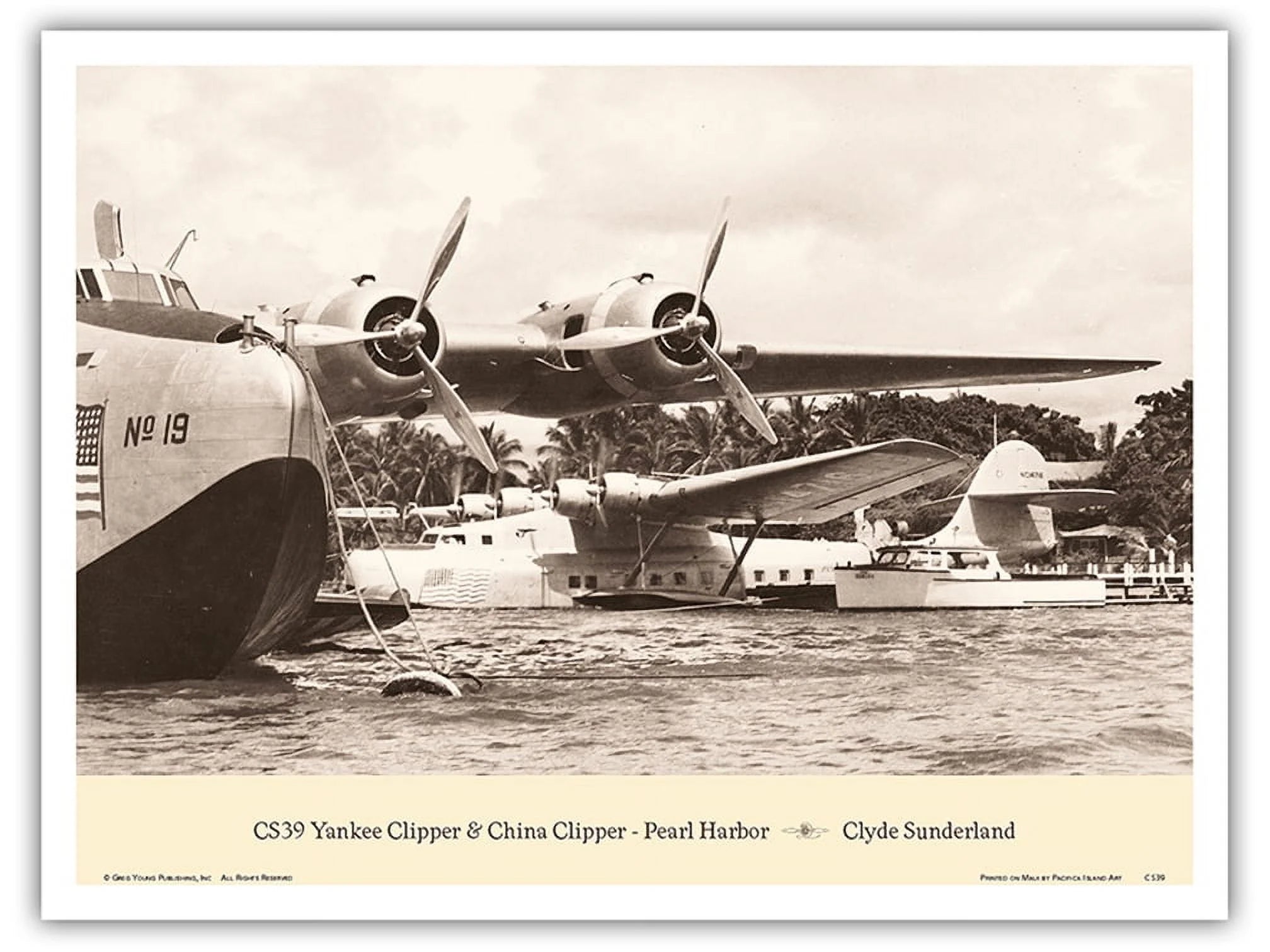 The Yankee and China Clipper (Boeing 314) - Pearl Harbor Hawaii 1939 - Pan American Airways - Vintage Aviation Poster by Clyde Sunderland - Master Art Print (Unframed) 9in x 12in