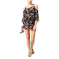 Miken Womens Printed Cold-Shoulder Dress Swim Cover-Up (Black/White, S)