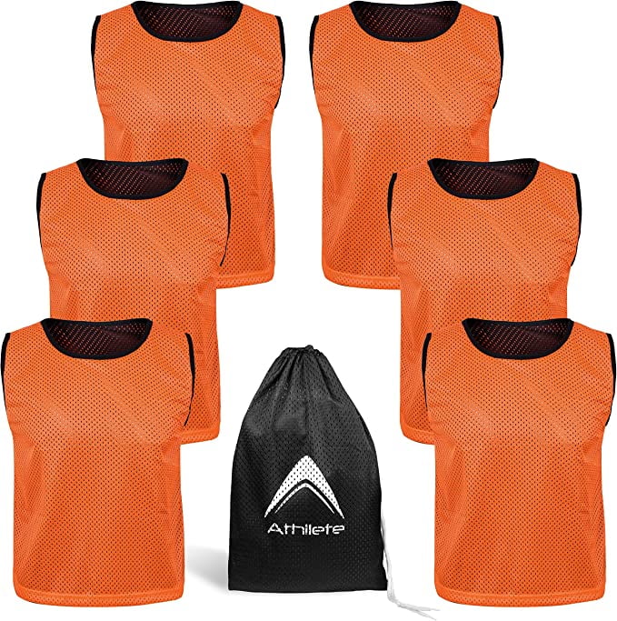 Athllete Set of 6 Reversible Jerseys Pinnies Basketball Soccer Training Vest Team Scrimmage Practice Jersey (Flame Orange/Black 6 Jerseys, Large)