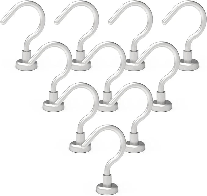 MHDMAG Magnetic Hooks, 23.5LBS Magnet Hooks Heavy Duty with Plus Hook Neodymium Rare Earth Magnet for Fridge, Keys, BBQ, Grill, Curtain Rod, Towel, Ceiling, Kitchen,Office, Pack of 10, Silver