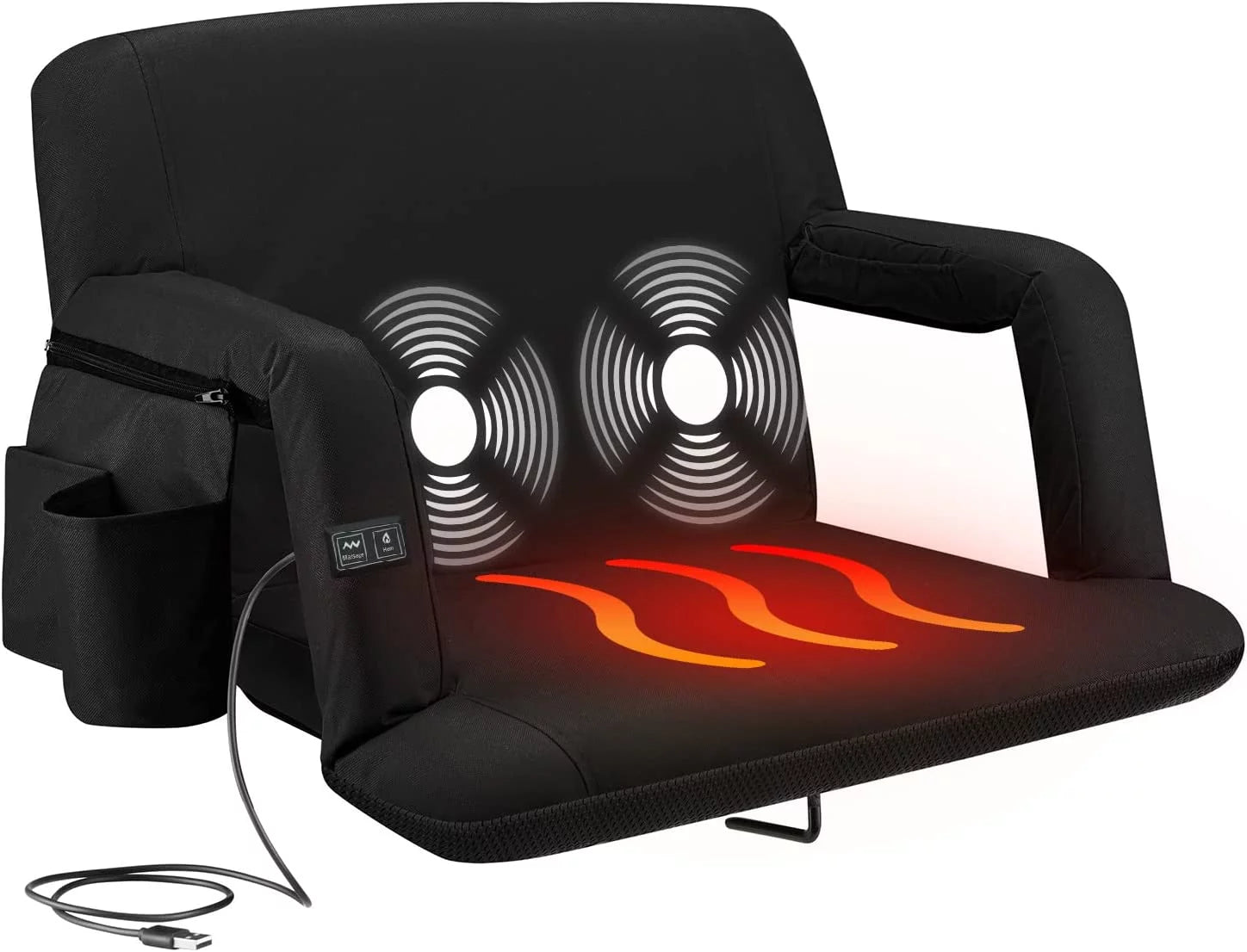Alpcour Heated Massage Reclining Stadium Seat - Extra Thick Waterproof Chair with Side Pockets - Black