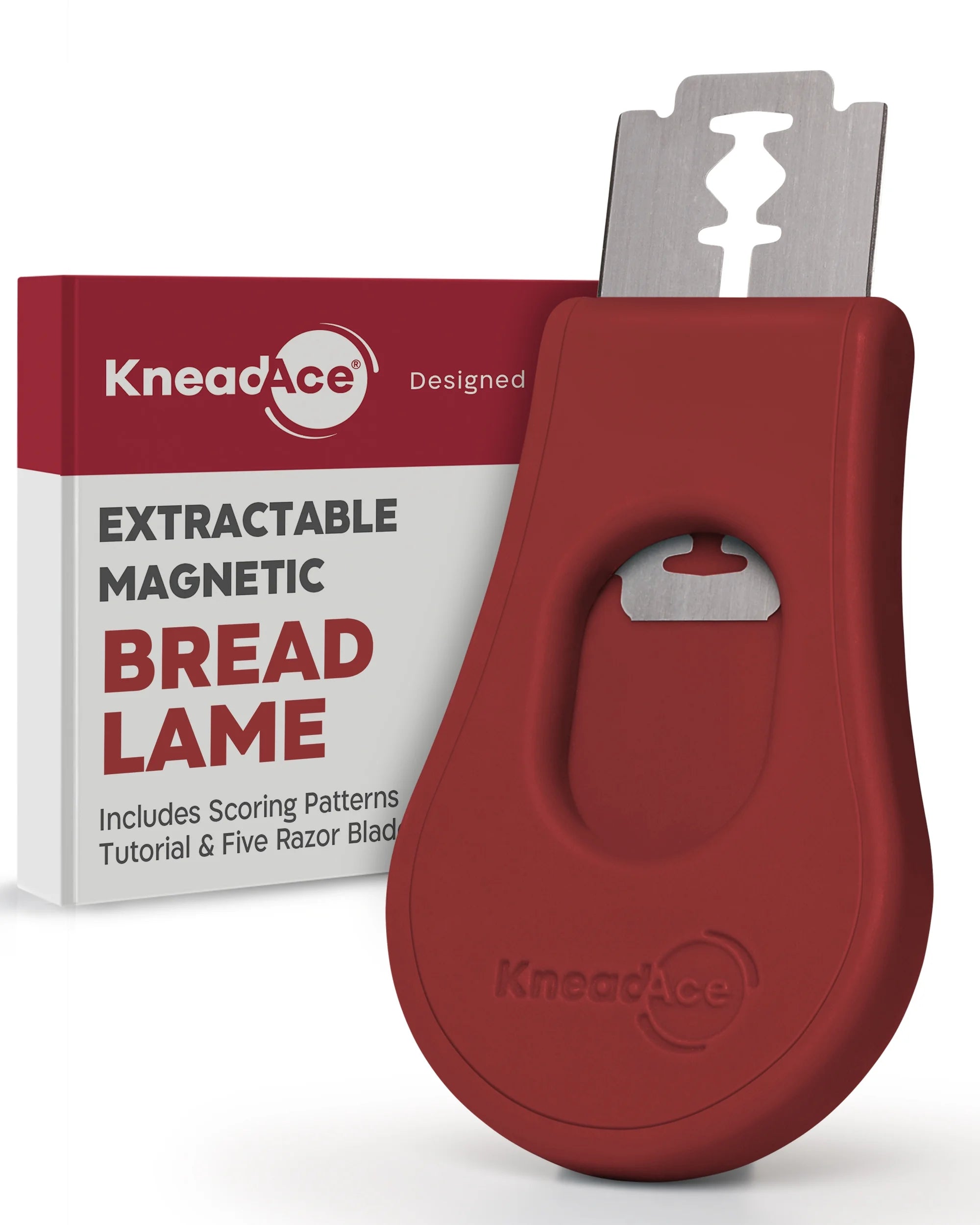 KneadAce Sourdough Bread Lame Scoring Tool Extractable Magnetic Artisan Bread Scorer with 5 Razor Blades Red