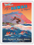 Fly To Hawaii by Clipper - Pan American World Airways - Surfer Diamond Head Crater - Vintage Airline Travel Poster by Mark Von Arenburg c.1940s - Master Art Print (Unframed) 9in x 12in