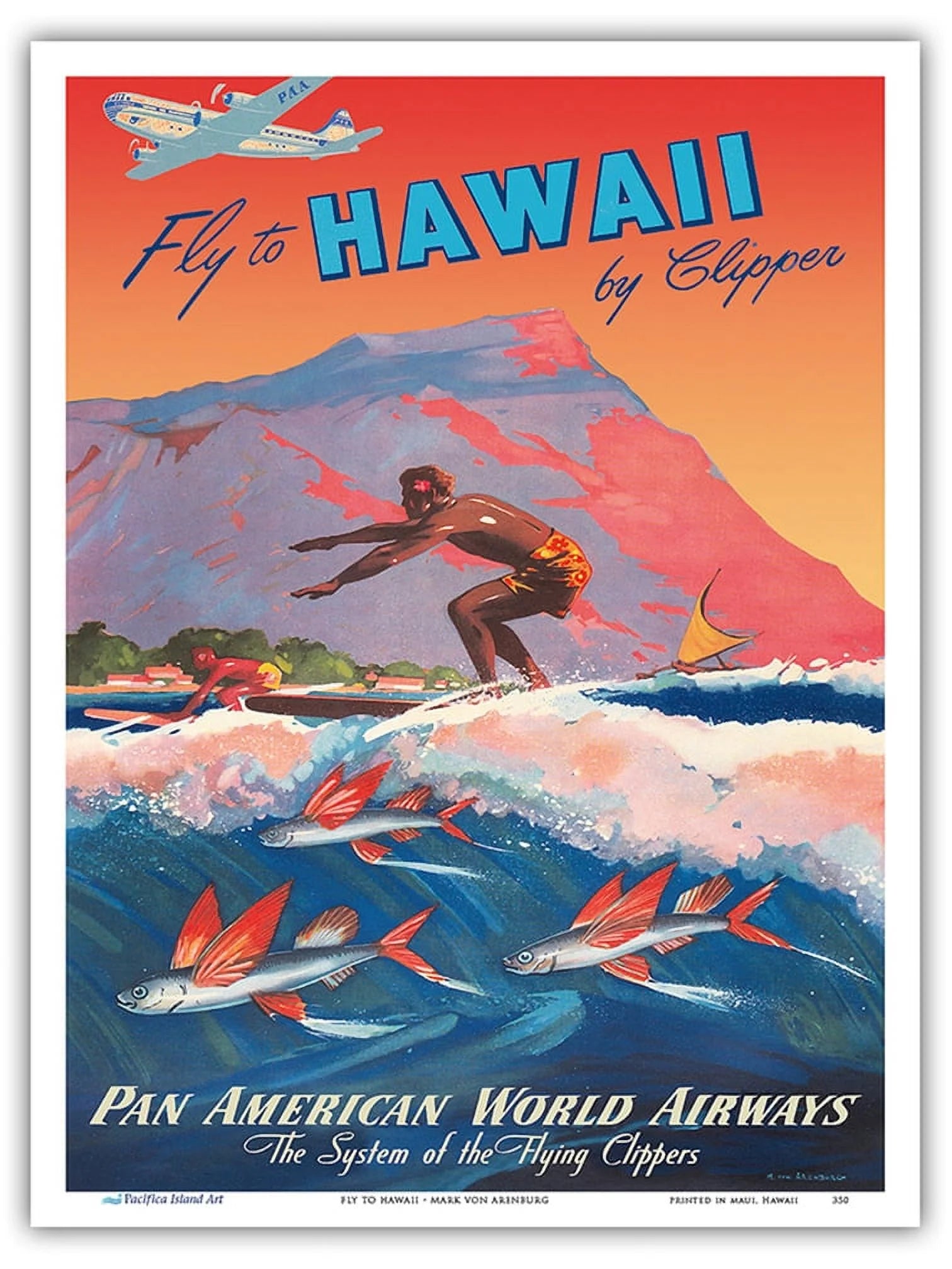 Fly To Hawaii by Clipper - Pan American World Airways - Surfer Diamond Head Crater - Vintage Airline Travel Poster by Mark Von Arenburg c.1940s - Master Art Print (Unframed) 9in x 12in