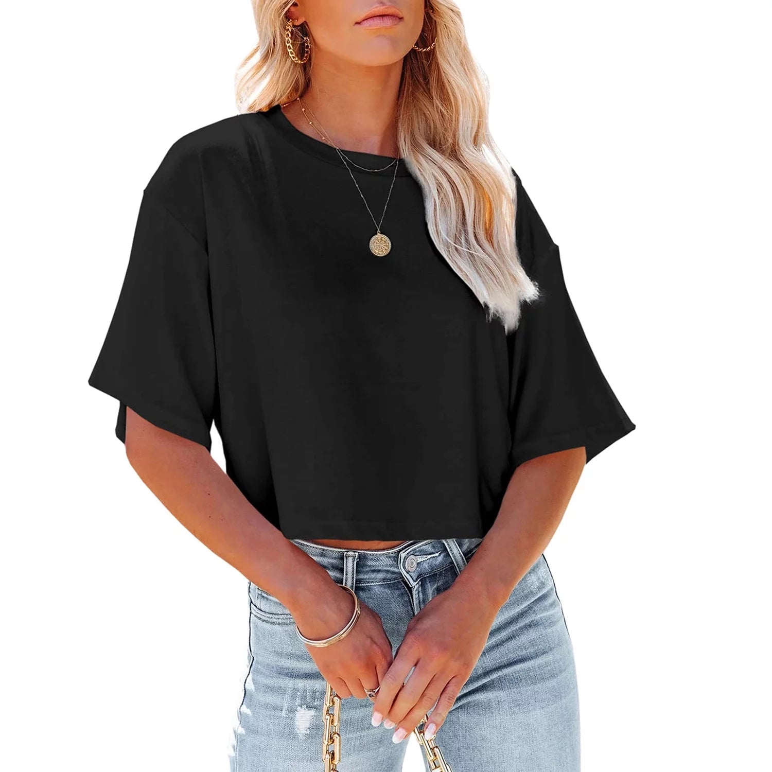 Mafulus Women Short Sleeve Cropped T Shirt Crew Neck Crop Tops Casual Summer Solid Color Basic Tees