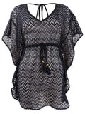 Miken Women's Crochet Caftan Swim Top Cover-Up (M, Black Caviar)