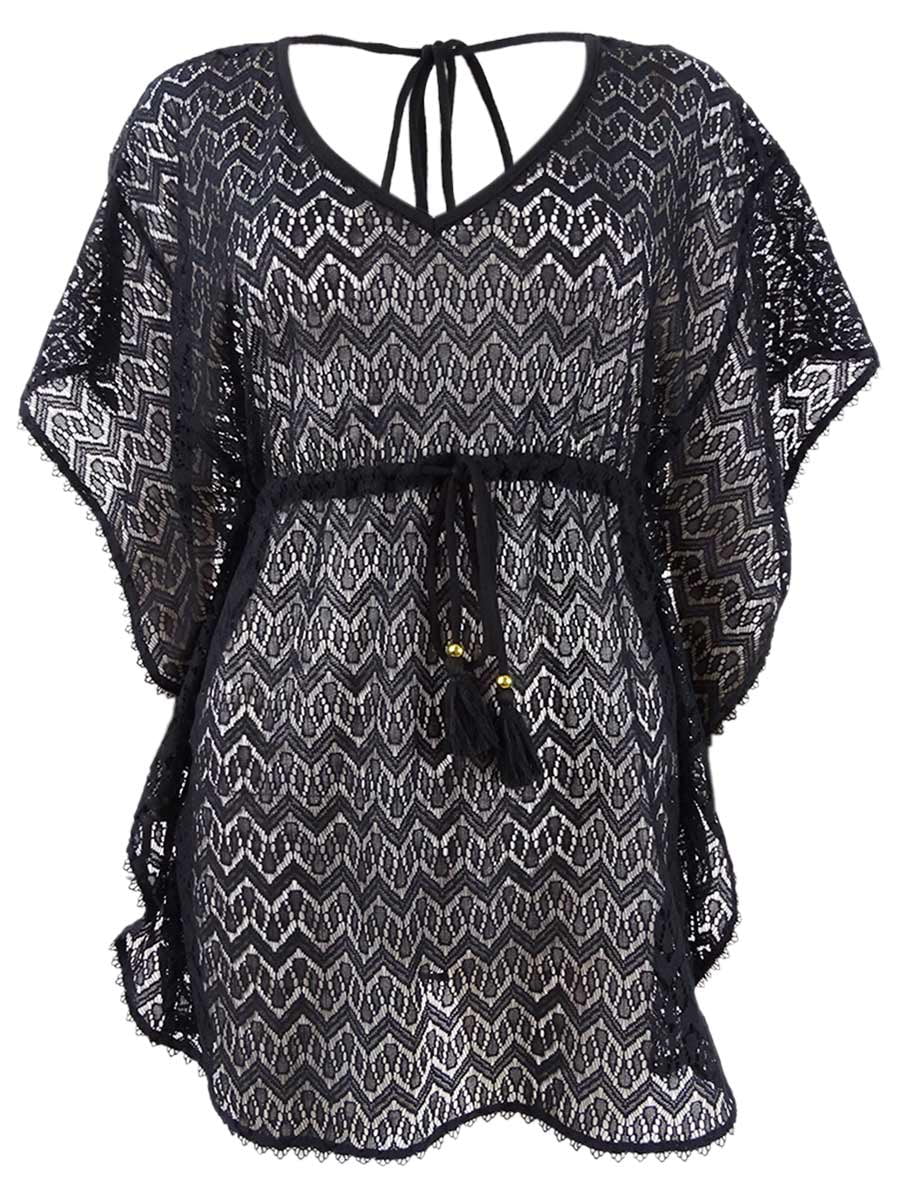 Miken Women's Crochet Caftan Swim Top Cover-Up (M, Black Caviar)