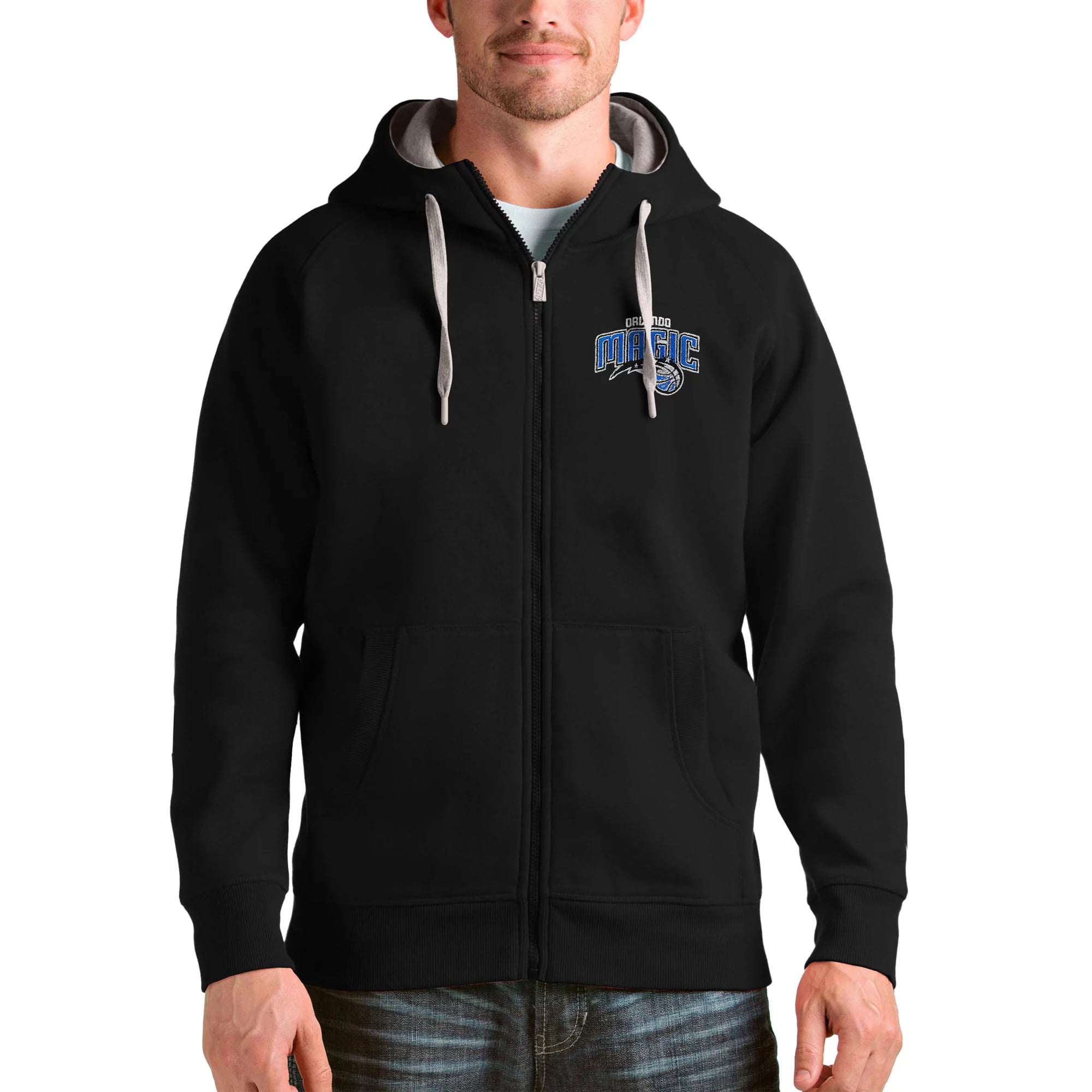 Men's Antigua Black Orlando Magic Logo Victory Full-Zip Hoodie