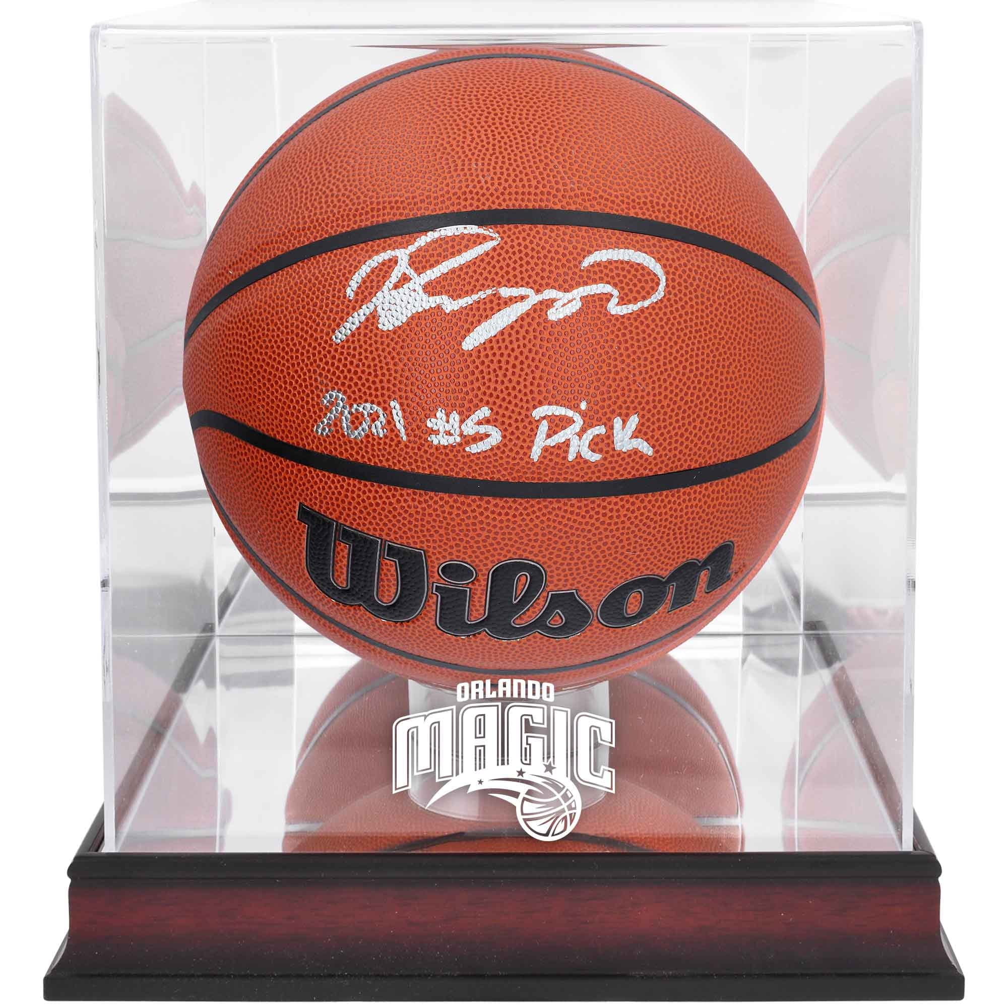 Jalen Suggs Orlando Magic Autographed Wilson Replica Basketball with #5 Pick Inscription & Mahogany Team Logo Display Case - Fanatics Authentic Certified