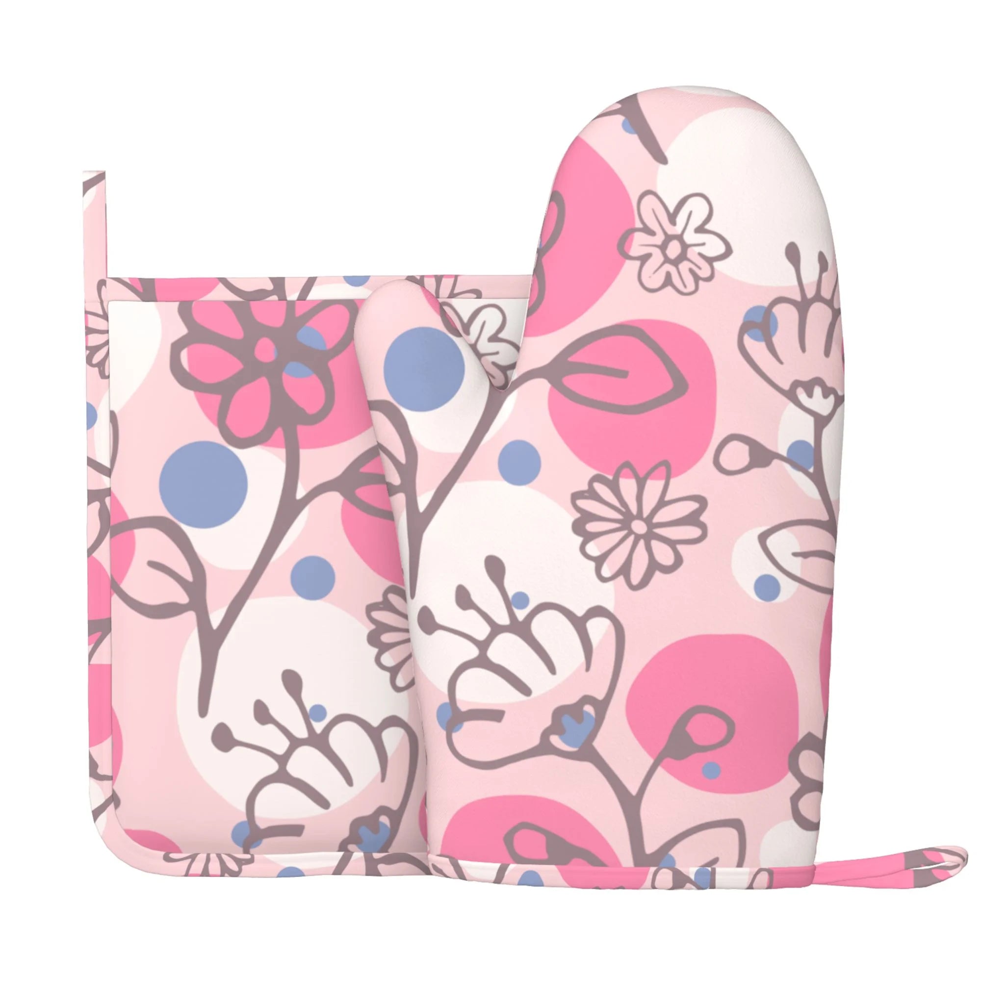XMXY Oven Mitts and Pot Holders 2 Pcs Sets, flowers floral pink Heat Resistant Silicone Cooking Gloves for Grill Baking BBQ Kitchen Decor