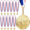 12 Pack Basketball Medals for Kids and Adults, Team Participation Trophies, Awards, Party Favors, Red, White, and Blue Stripes 15.5 Ribbon (2 in, Metal, Gold)