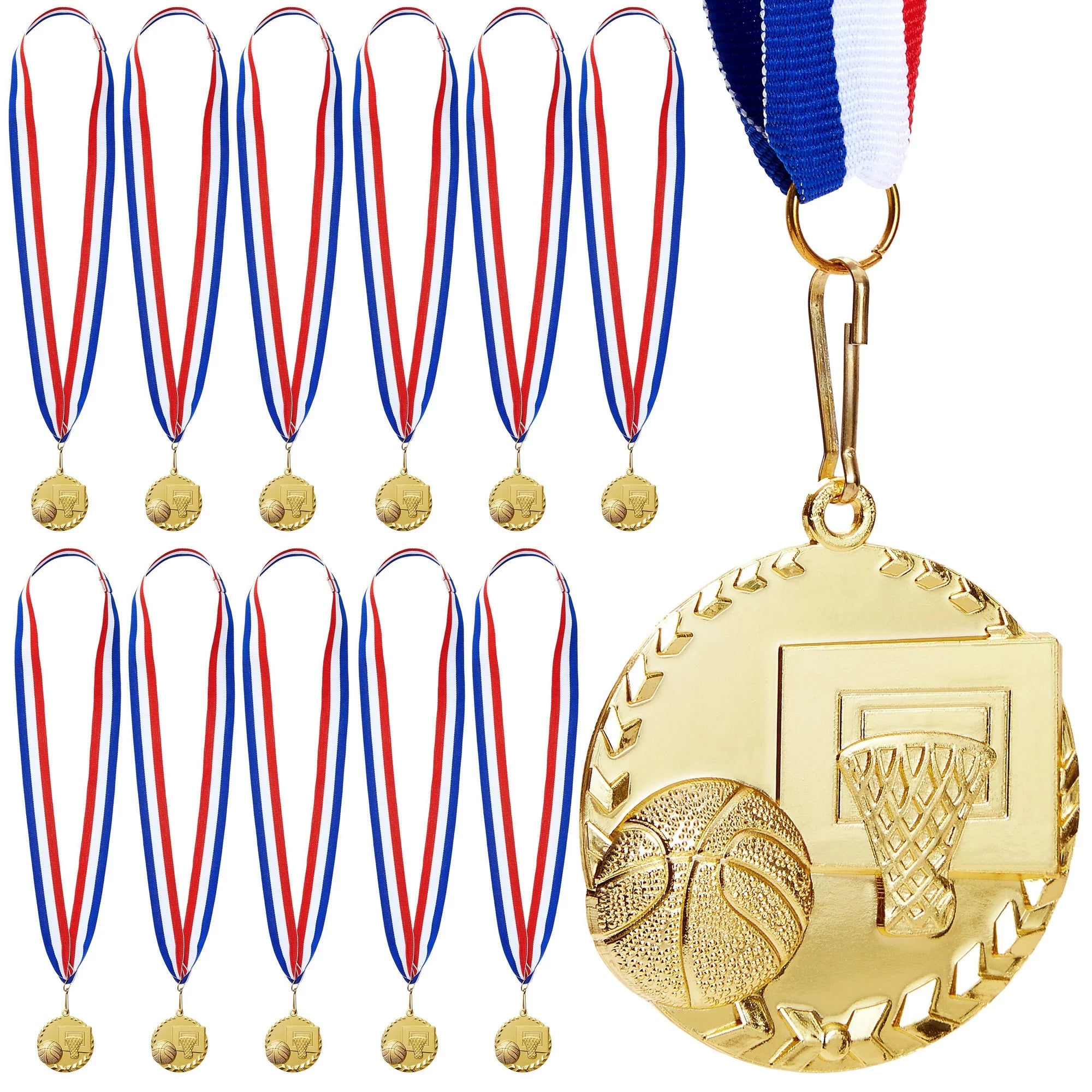 12 Pack Basketball Medals for Kids and Adults, Team Participation Trophies, Awards, Party Favors, Red, White, and Blue Stripes 15.5 Ribbon (2 in, Metal, Gold)