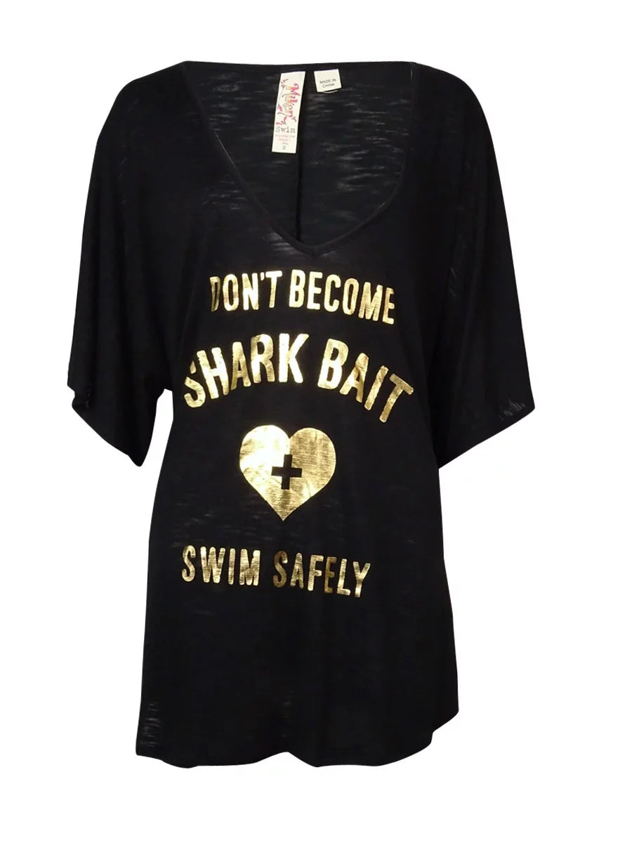 Miken Women's Foil Tee Swim Top Cover-Up (XS, Black Caviar)