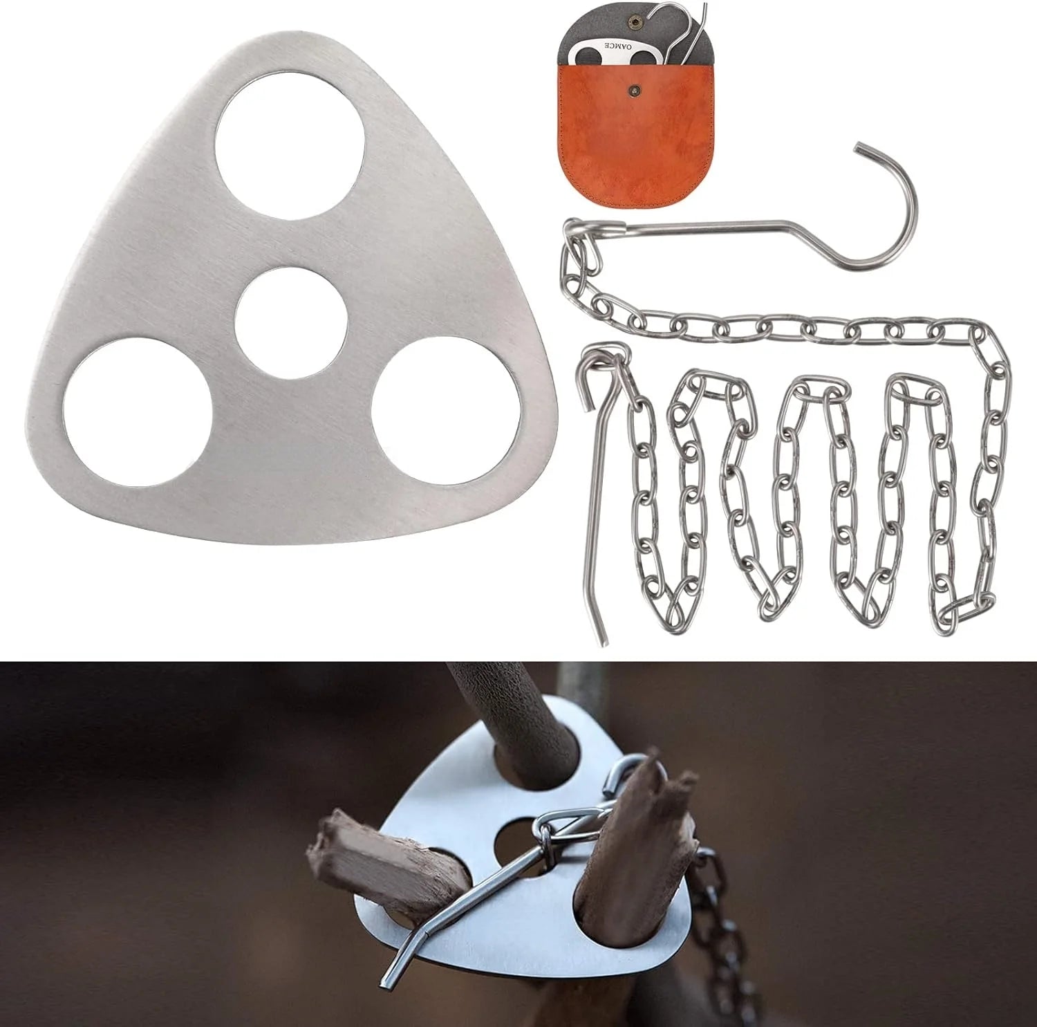 Campfire Cooking Tripod - Stainless Steel with Adjustable Chain for Outdoor Pot Hanging and Campfire Cooking Support Plate