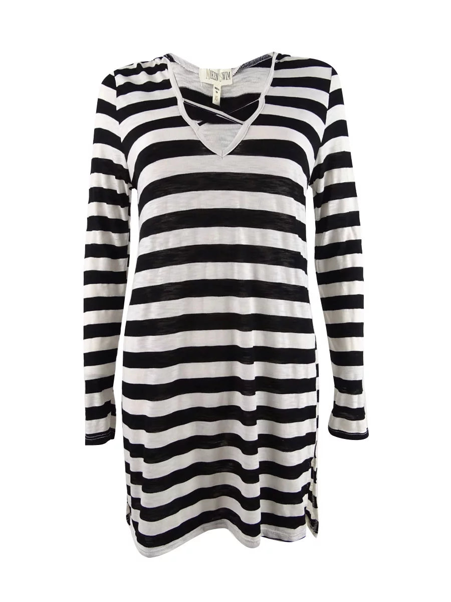 Miken Women's Hooded Long-Sleeve Dress Swim Cover-Up (S, Black/Marshmellow)