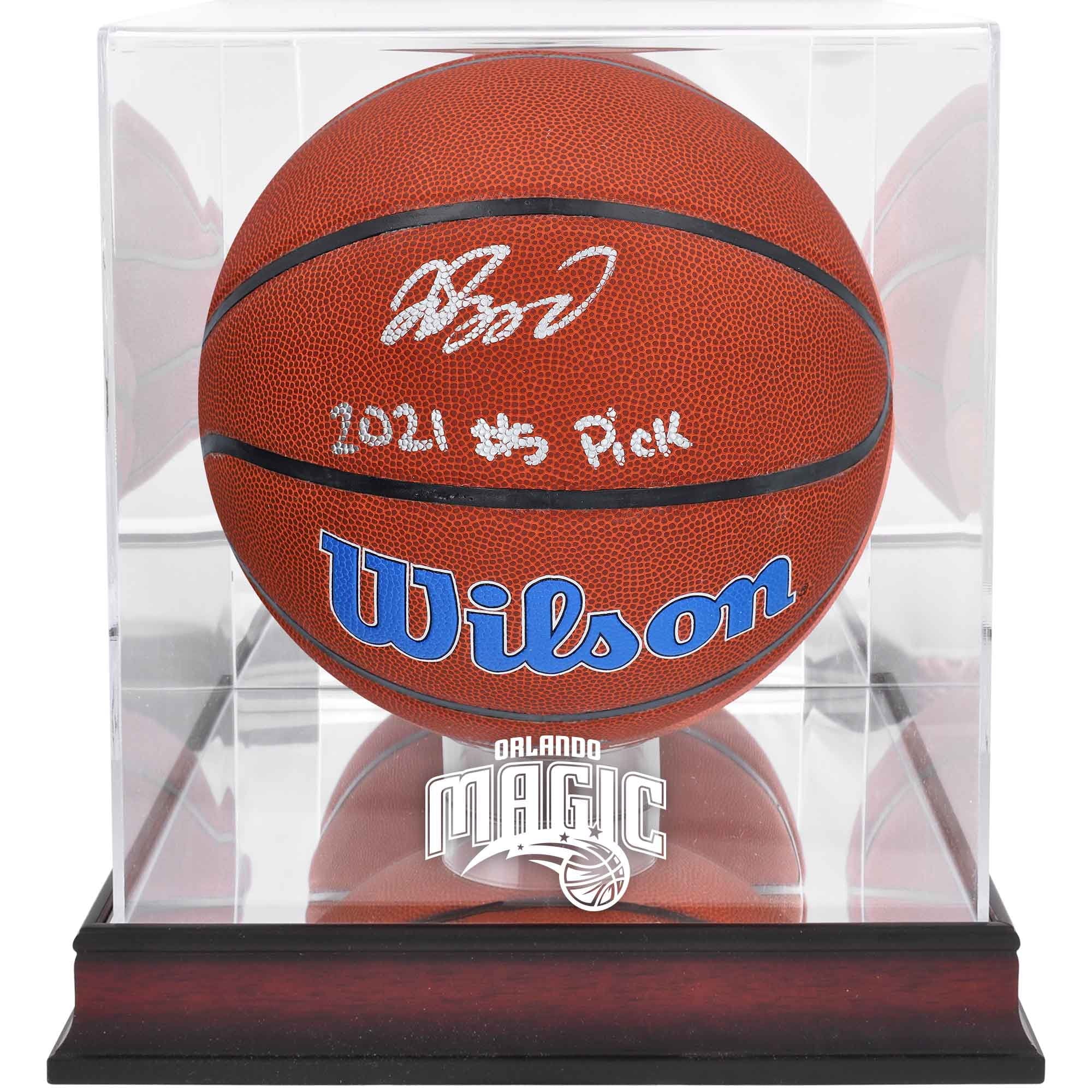 Jalen Suggs Orlando Magic Autographed Wilson Team Logo Basketball with #5 Pick Inscription & Mahogany Team Logo Display Case - Fanatics Authentic Certified