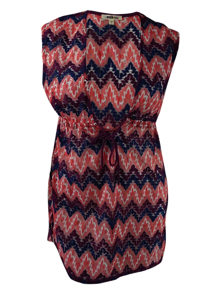 Miken Womens Chevron Crocheted Dress Swim Cover-Up (Pink Multi, L)
