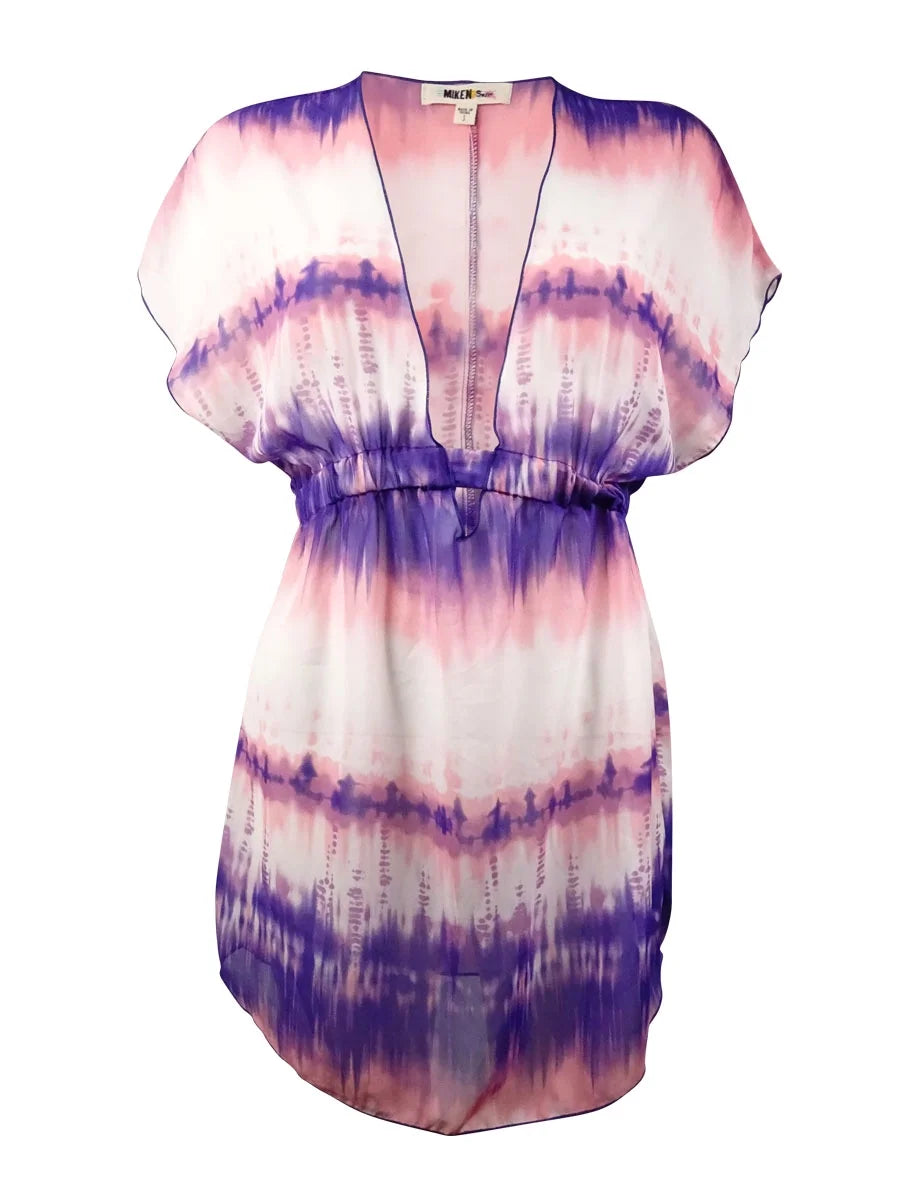 Miken Women's Tie-Dyed Fluttered V-Neck Swim Cover (S, Ivory Orchid)