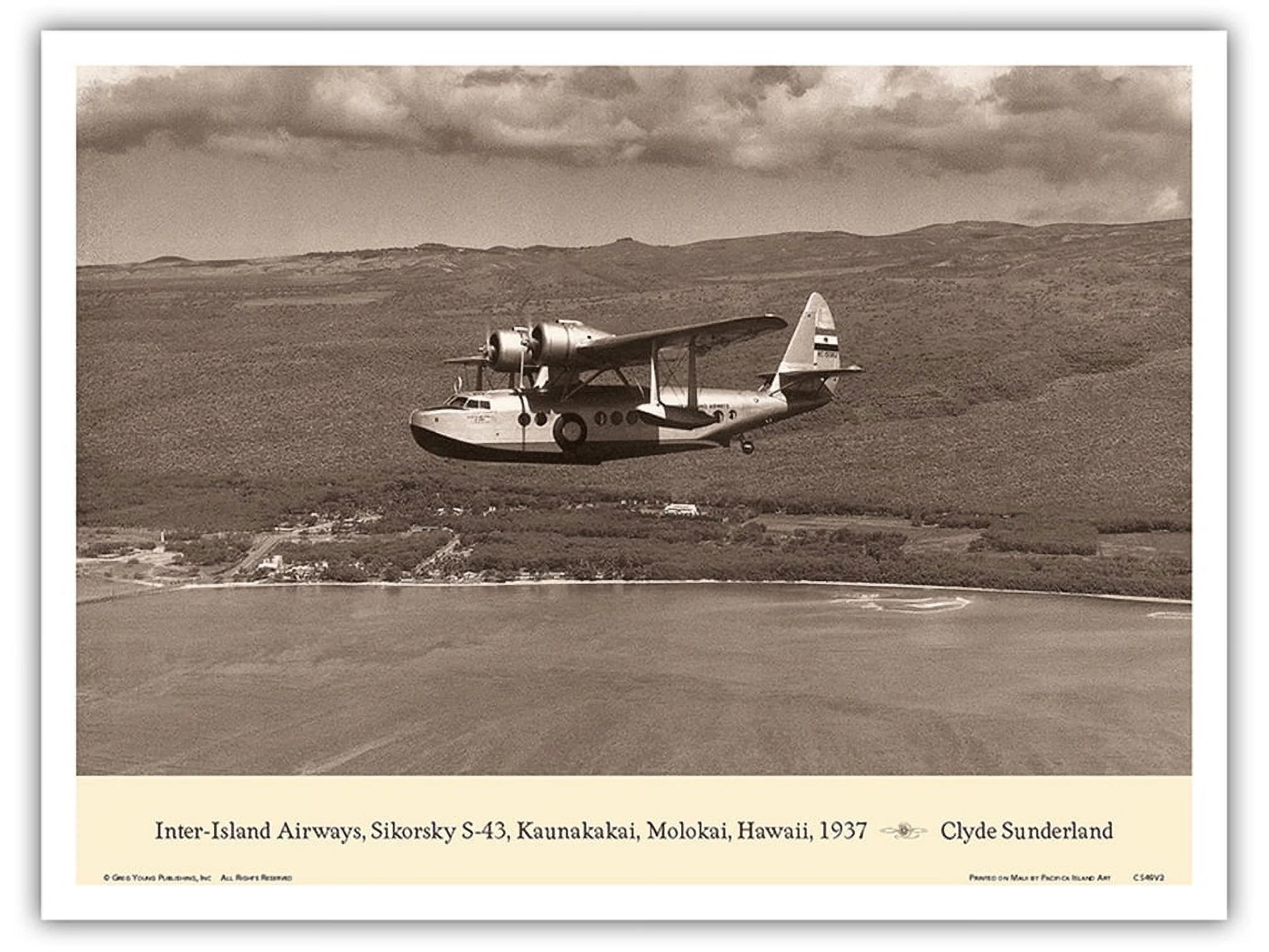 Baby Clipper (Sikorsky S-43) - Kaunakakai Molokai Hawaii 1937 - Inter-Island Airways - Vintage Aviation Poster by Clyde Sunderland - Master Art Print (Unframed) 9in x 12in