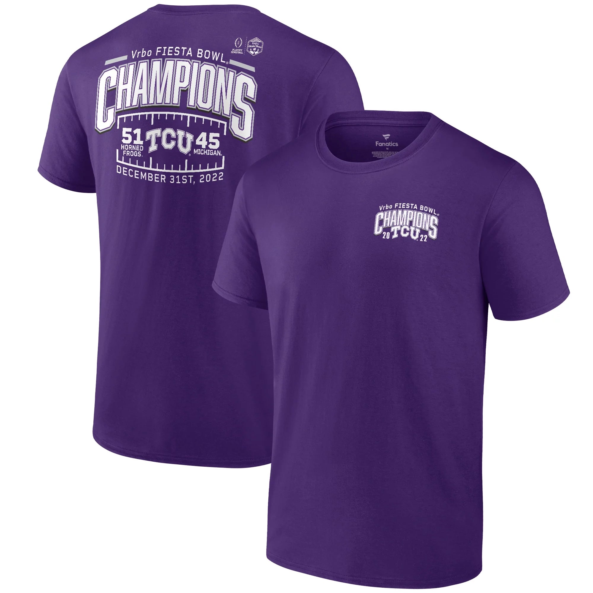 Men's Fanatics Branded Purple TCU Horned Frogs College Football Playoff 2022 Fiesta Bowl Champions Score T-Shirt