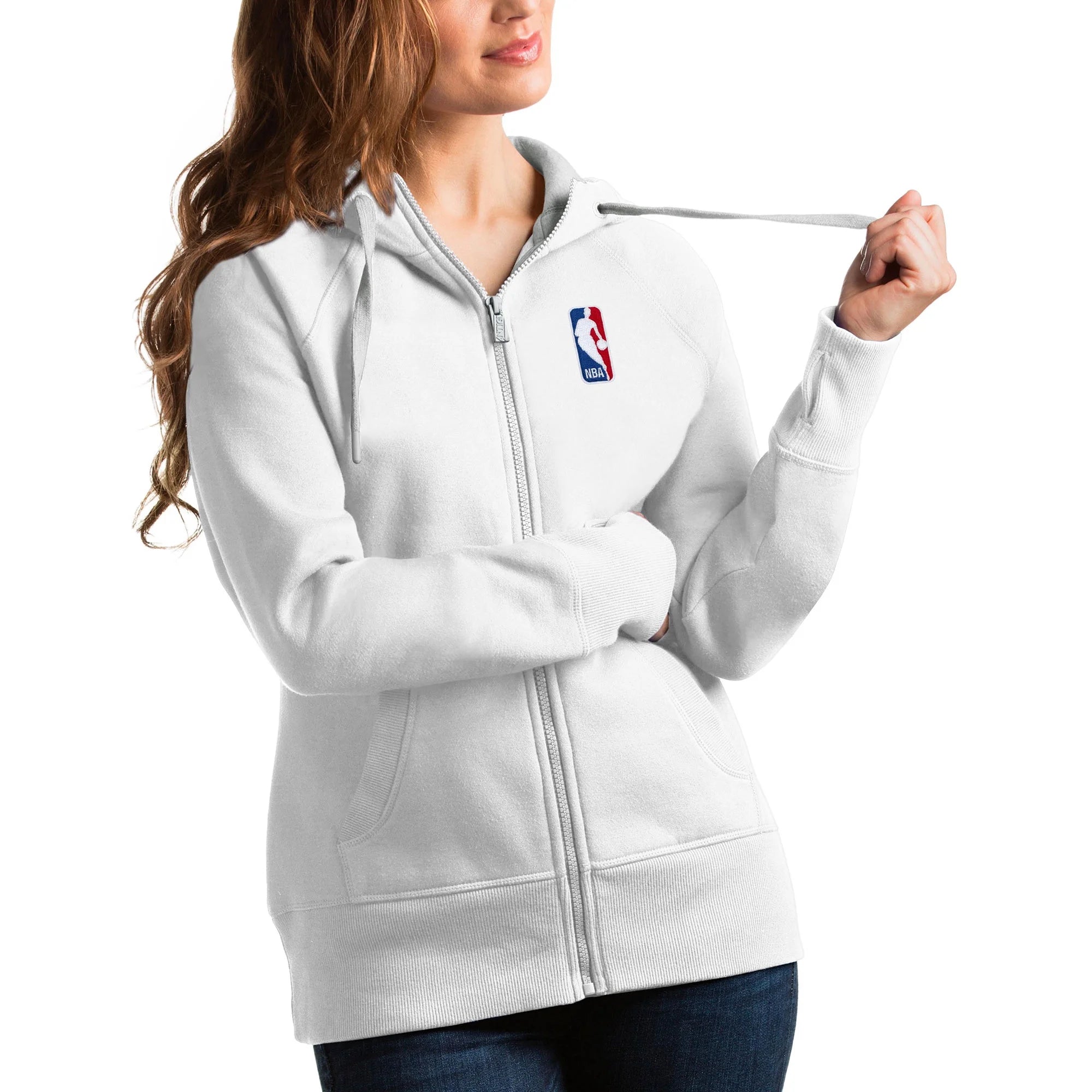 Women's Antigua  White NBA Logoman Victory Full-Zip Hoodie