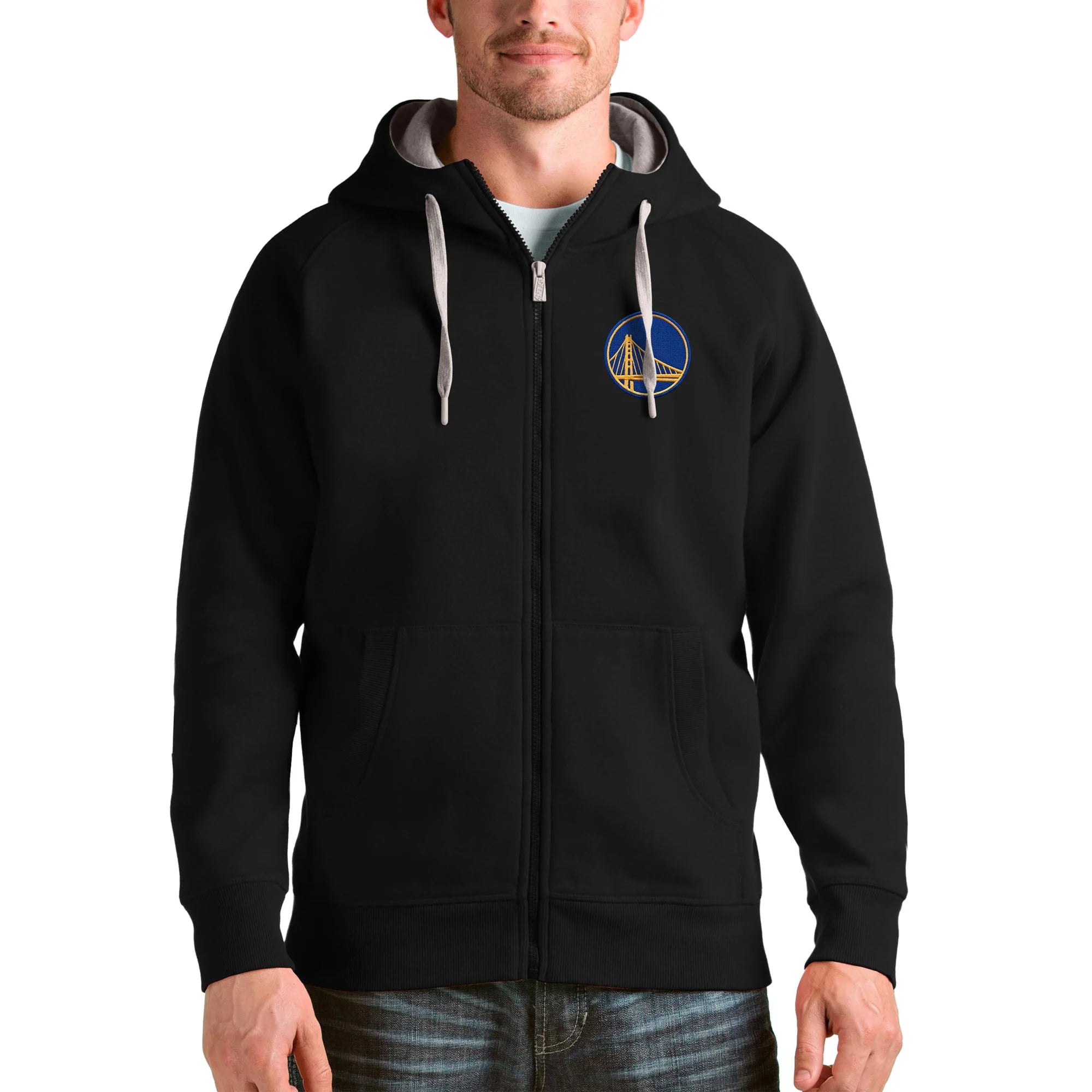 Men's Antigua Black Golden State Warriors Logo Victory Full-Zip Hoodie