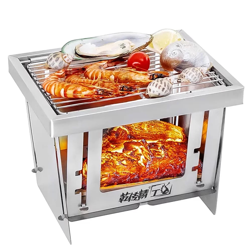 GoolRC Stainless Steel Grill Portable Wood Burning Camping Folding BBQ Grill Windproof Camping Picnic Tool For Home Park Use