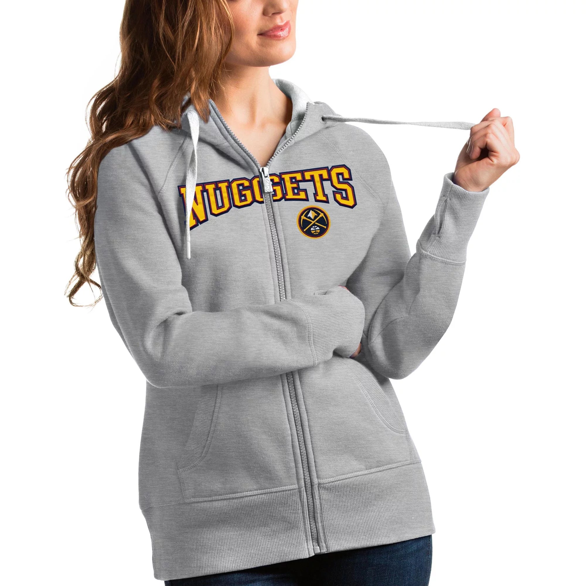 Women's Antigua Heathered Gray Denver Nuggets Team Victory Full-Zip Hoodie