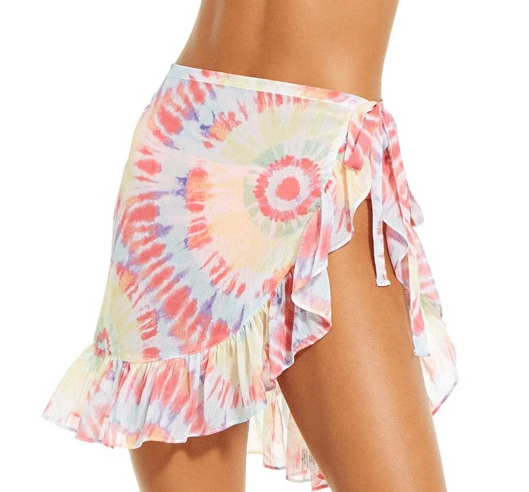 Miken RAINBOW TIE DYE Juniors' Chiffon Tie-Waist Sarong Swim Cover-up, US Large
