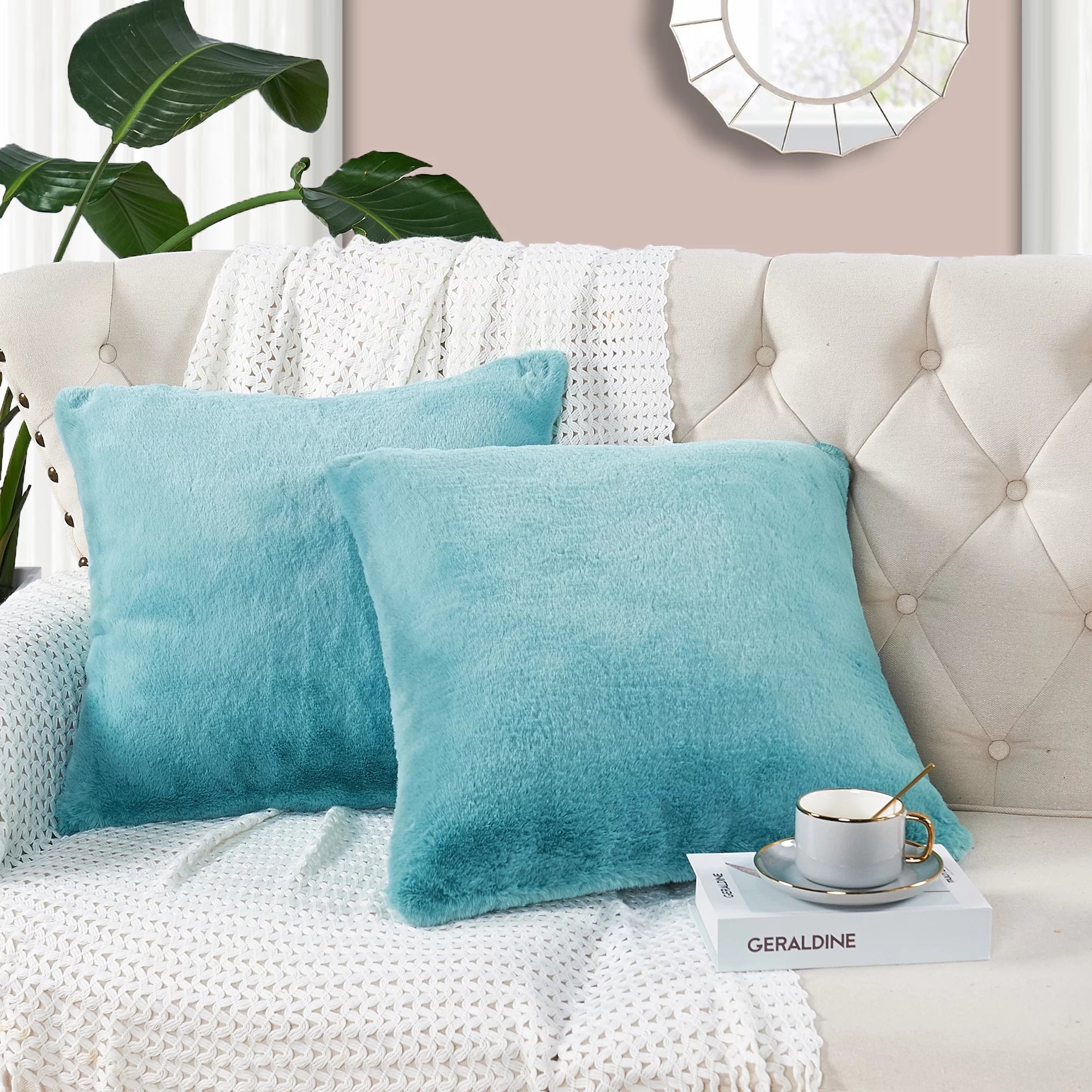 Home Soft Things Faux Fur Throw Pillow Cover 2 pcs Set - Aqua - 20'' x 20''