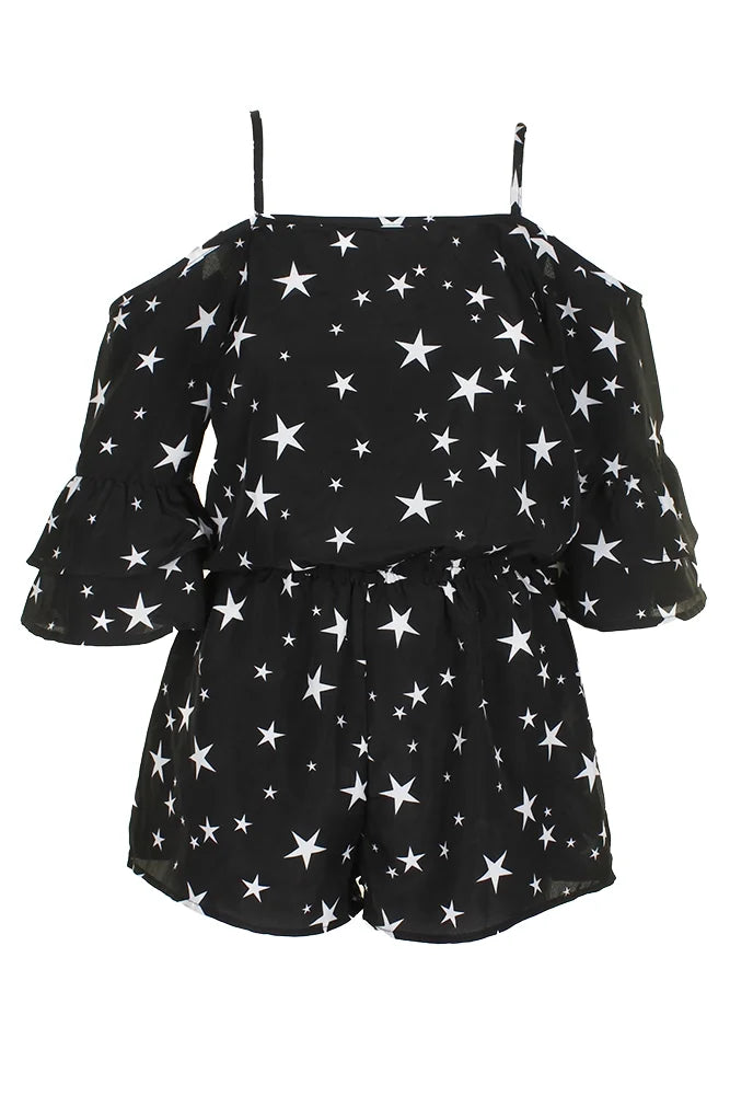 Miken Juniors' Star-Print Cold-Shoulder Romper Cover-Up
