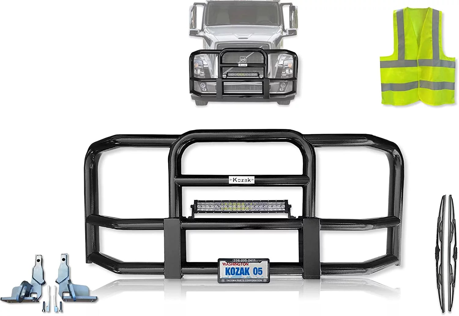 KOZAK Bumper Grill Deer Guard Compatible with Volvo VNL 2004-2017 PLUS Mounting brackets, 22 LED bar, license plate holder with frame, Windshield wipers, Logo and Vest