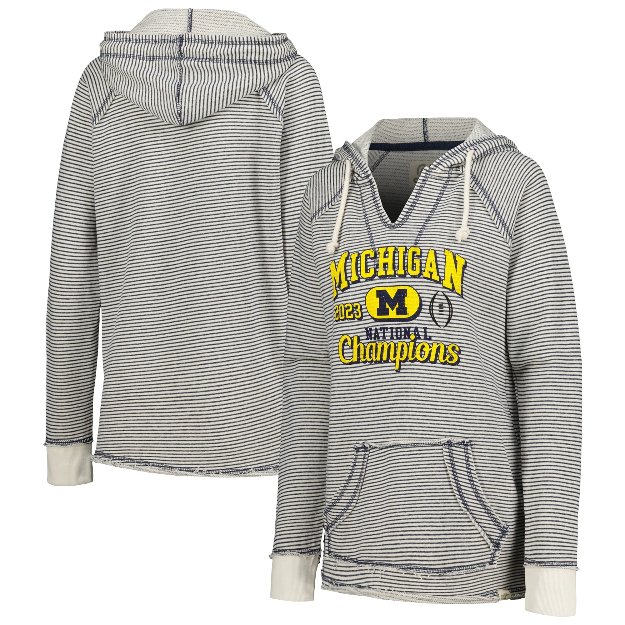 Women's Blue 84  Navy Michigan Wolverines College Football Playoff 2023 National Champions Striped French Terry V-Neck