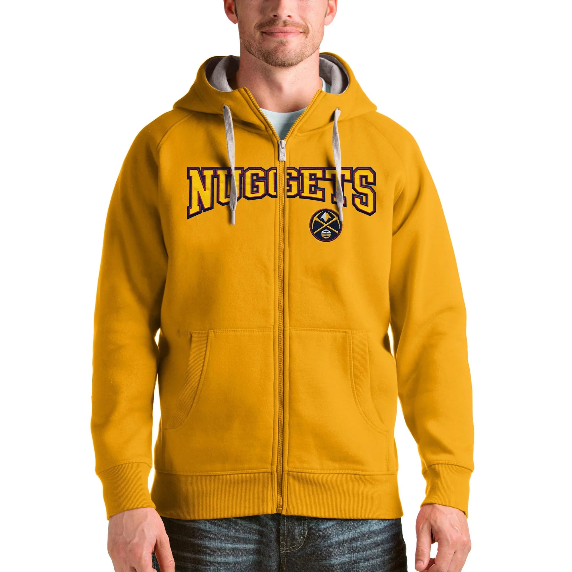 Men's Antigua Gold Denver Nuggets Victory Full-Zip Hoodie