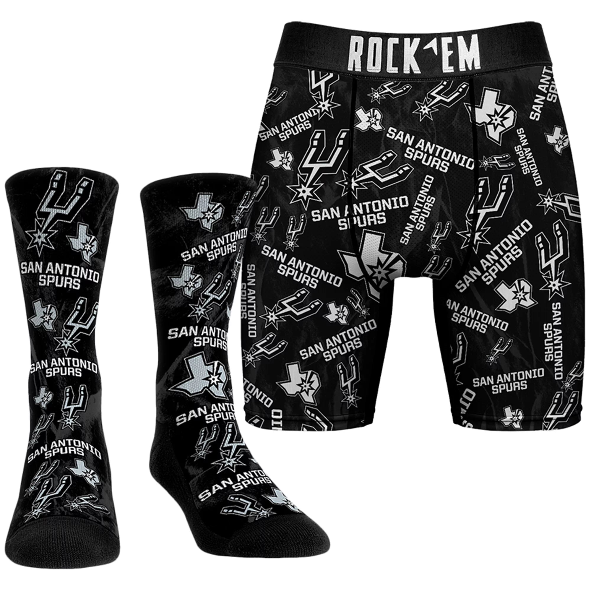 Men's Rock Em Socks Black San Antonio Spurs All-Over Logo Boxer Briefs & Crew Socks Combo Pack