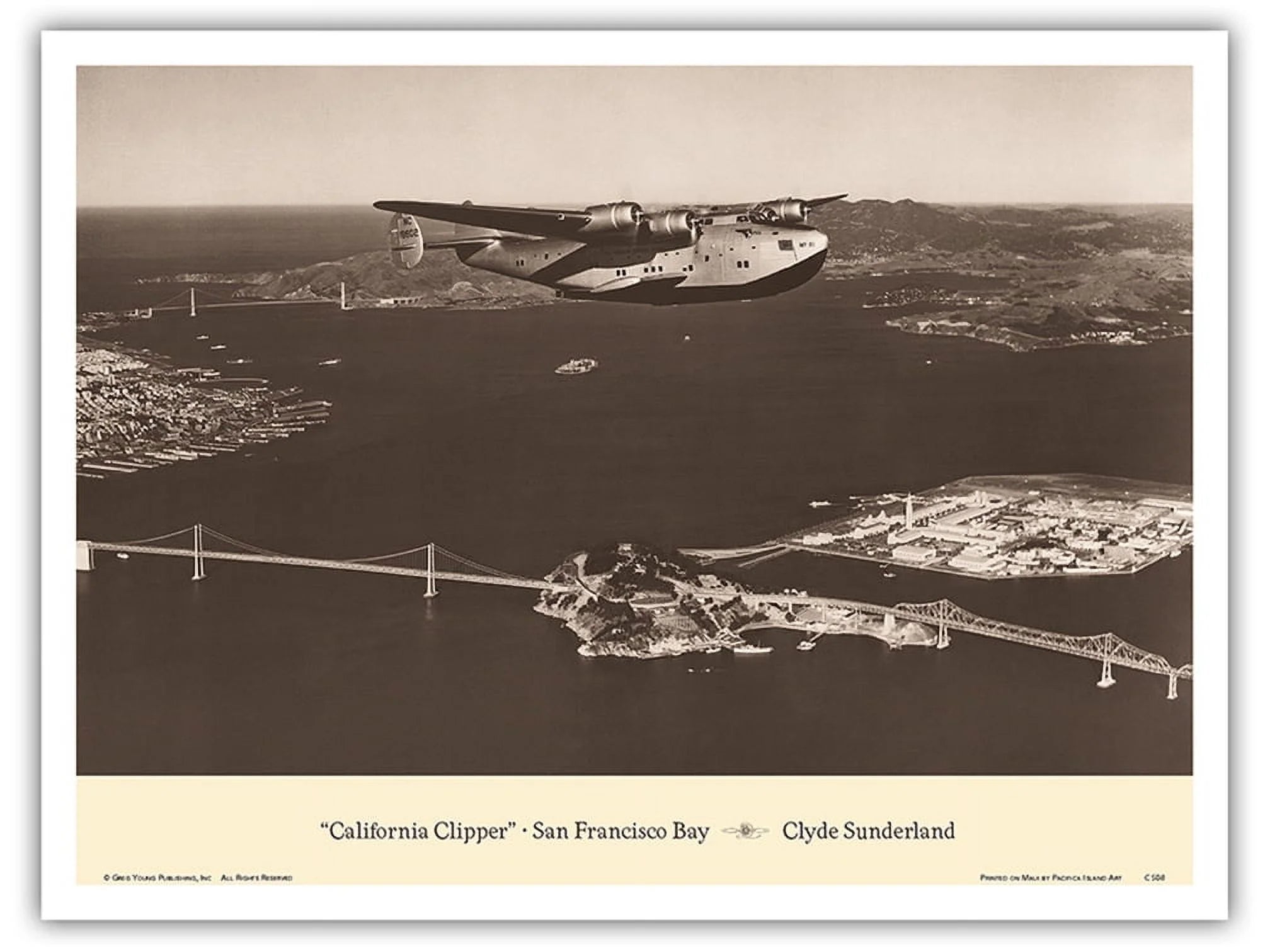 The California Clipper (Boeing B-314) - Over San Francisco Bay 1939 - Pan American Airways - Vintage Aviation Poster by Clyde Sunderland - Master Art Print (Unframed) 9in x 12in
